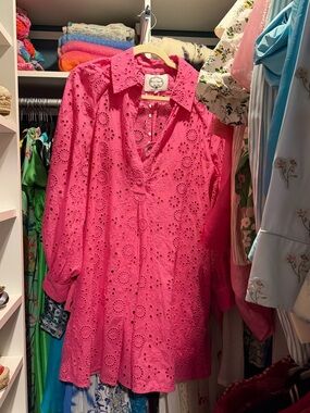 Evi Grintela broderie shirt dress in fuschia pink